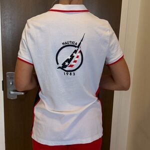 NAUTICA White Polo Shirt Red/Navy Striped Sides, Red Trim Collar/sleeves, Zipper